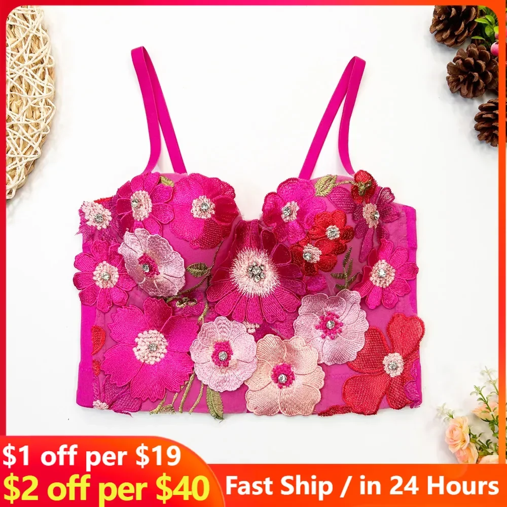 

3D Flower Suspender for Wearing Without Underwear Stage Style Fairy Gas Nail Bead Corset Bra Sexy Crop Top Hot Tops for Women