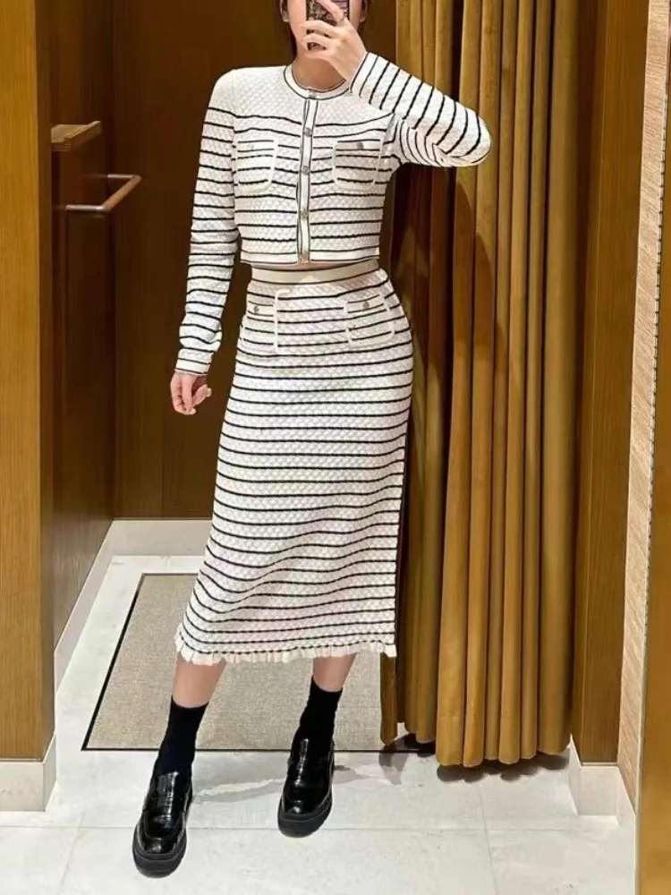 Casual Women Striped Knitted Short Cardigan High Waist Long Skirt Two Piece Set Spring Autumn Office Ladies Elegant Matching Set