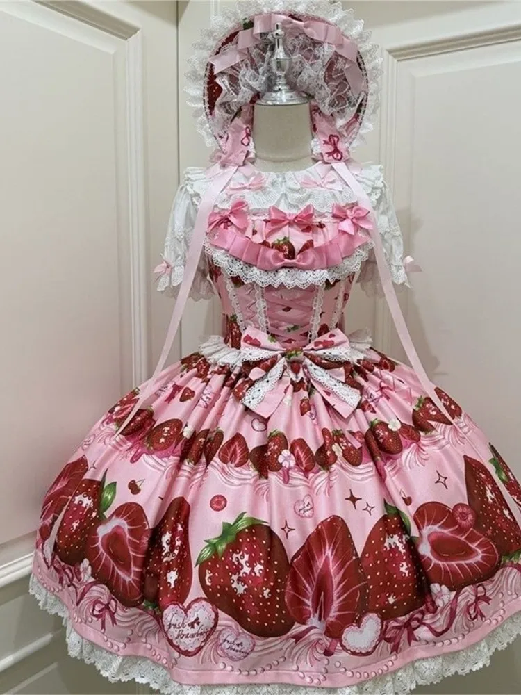 Cute Original Design Strawberry Story Lolita Dress Women's Summer Strapless JSK Dress Puffy Skirt One-Shoulder Casual Wear
