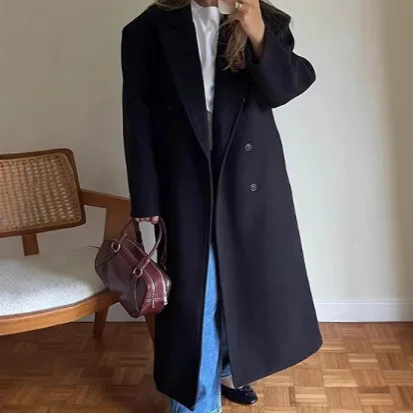 2025 Autumn and Winter Temperament Commuter Suit Collar Double-Breasted Long Woolen Coat Trench Coat for Women
