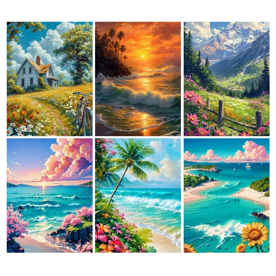 Fullcang Diy Diamond Painting New Natural Scenery Sea Full Rhinestone Art Mosaic Embroidery Mountain Valley Landscape Wall Decor