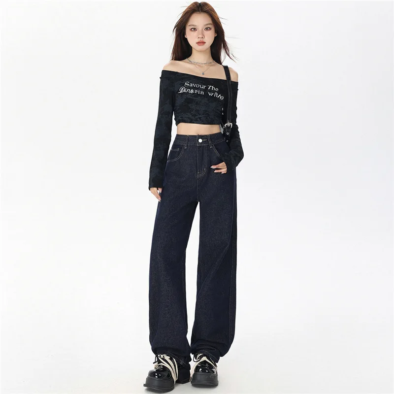 

Удобные женские джинсы с завышенной талией, удобные для кожи синие свободные широкие брюки в уличном стиле, мешковатые повседневные прямые джинсовые брюки