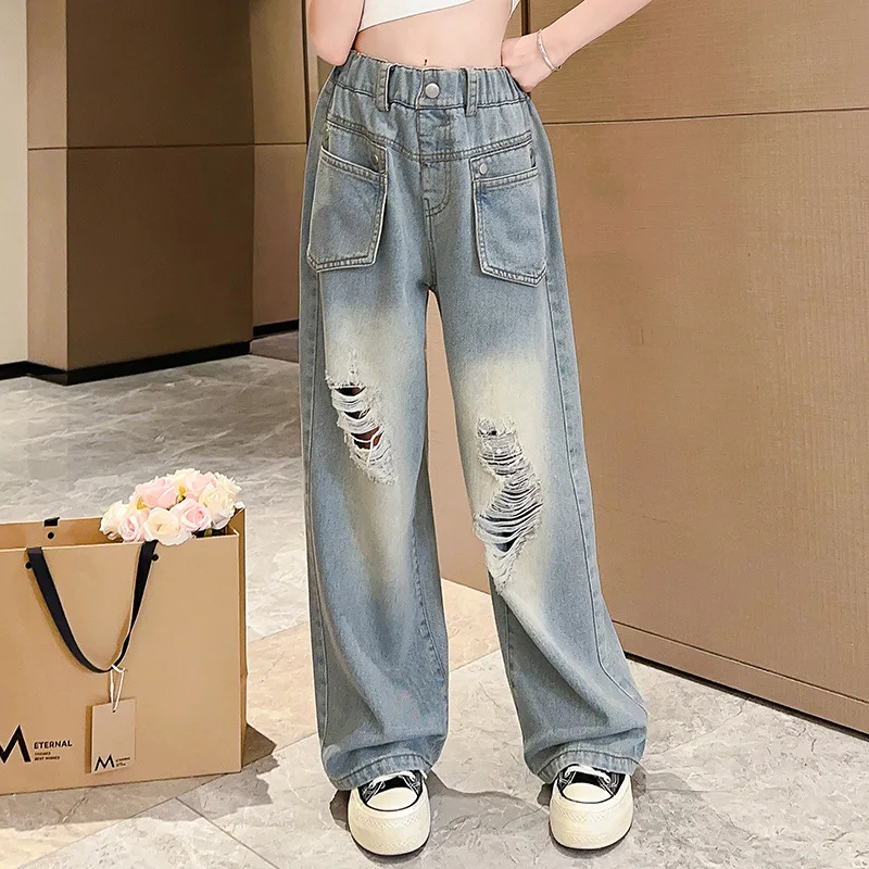 Girls Vintage Ripped Jeans for Fashion High Waist 2024 Spring Autumn Broken Hole Wide Leg Pants Kids Teen Denim Trousers 5-14Yrs