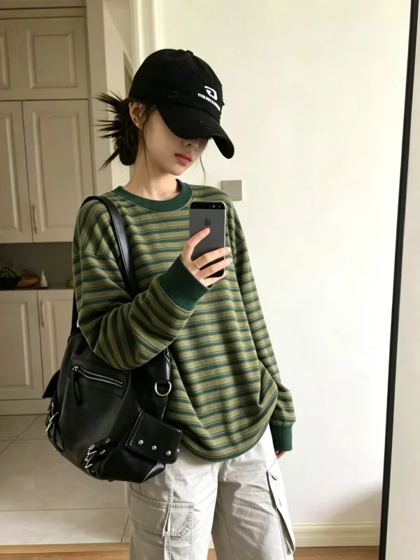Retro American Green Striped Long Sleeve T-Shirt Women's Loose Slimming Suitable for Single Wear Casual Top Autumn Inner Wear