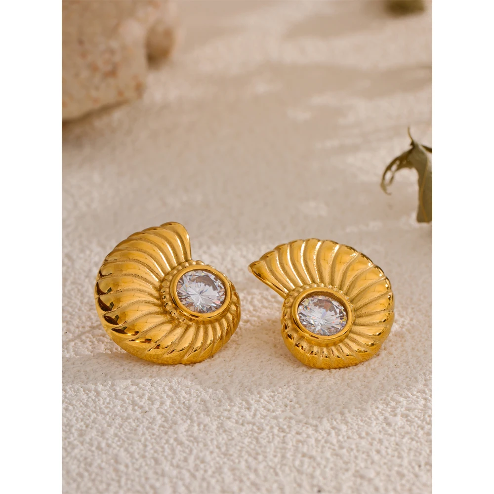 Yhpup Summer Metal Striped Shell Cubic Zirconia Stud Earrings 18K Gold Color Plated Stainless Steel High Quality Daily Jewelry