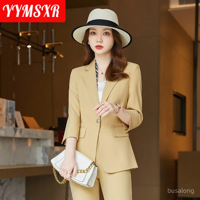 

S-4XL High Quality Women's Office Suit Two Piece Workwear Summer Fashion Three Quarter Sleeve Ladies Jacket Casual Ninth Pants