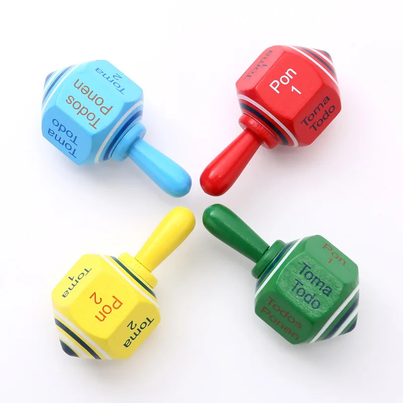 Pirinola mexicana colorida clásica Toma Todo pieza de madera maciza paquete de 4 multicolores, juego de tope de madera, Fiesta Mexicana