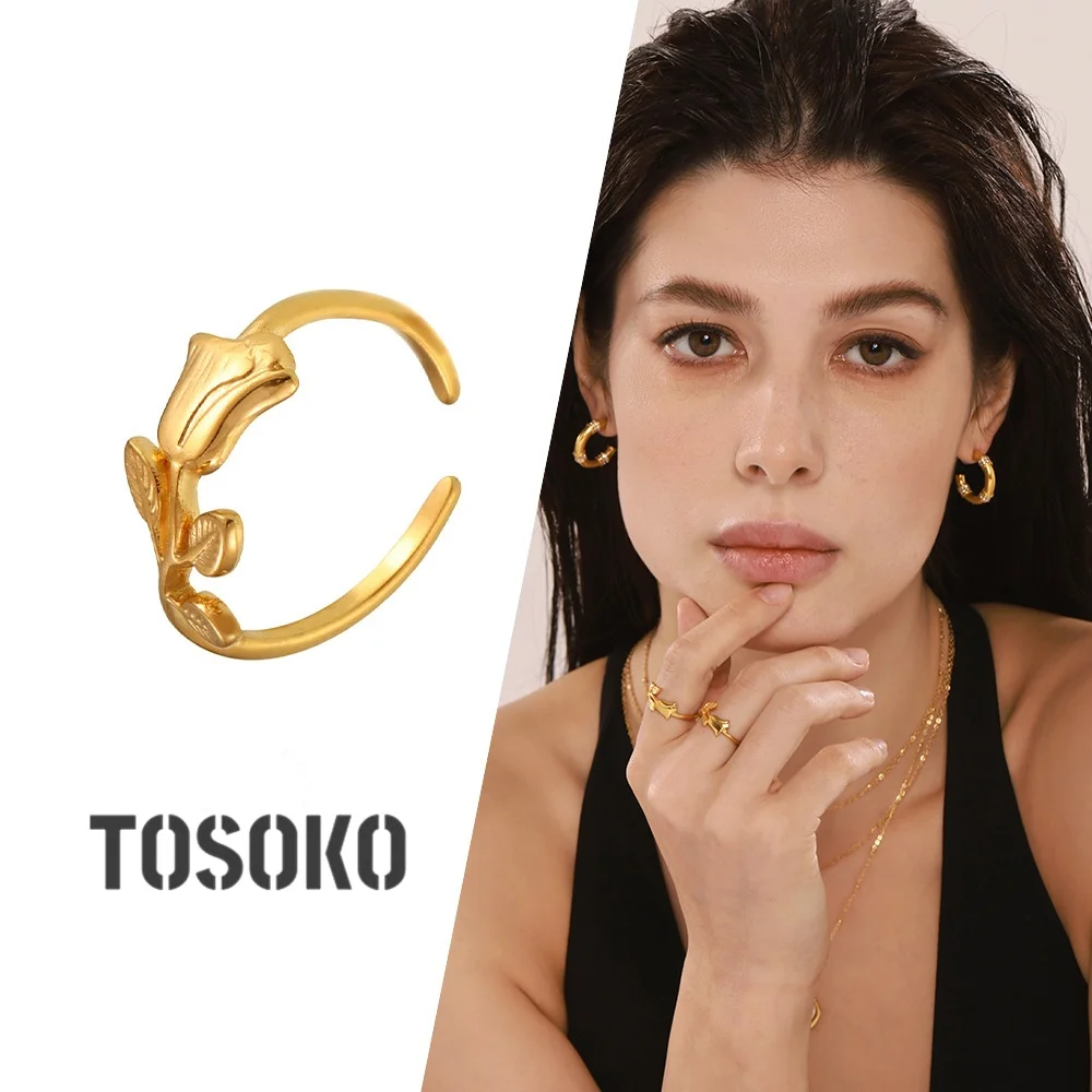 TOSOKO Simple Three-Dimensional Carved Tulip Ring Stainless Steel Women's Finger Jewelry A146