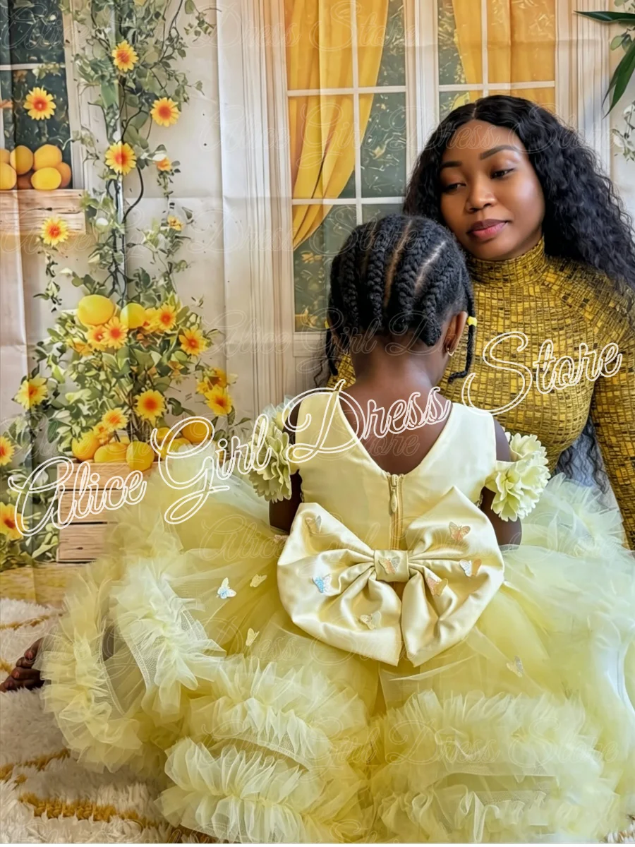 

Customized Yellow Flower Girl Dress for Wedding with Bow Knee Length Girl Birthday Gowns Crystal Baby First Communion Gowns