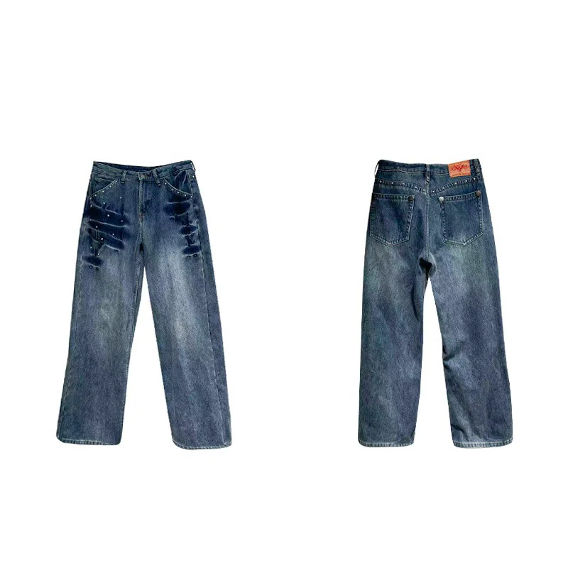 Benuynffy 2025 Autumn Winter American Vintage Riveted Velvet Jeans Women's Casual Streetwear Loose Thicken Wide Leg Pants