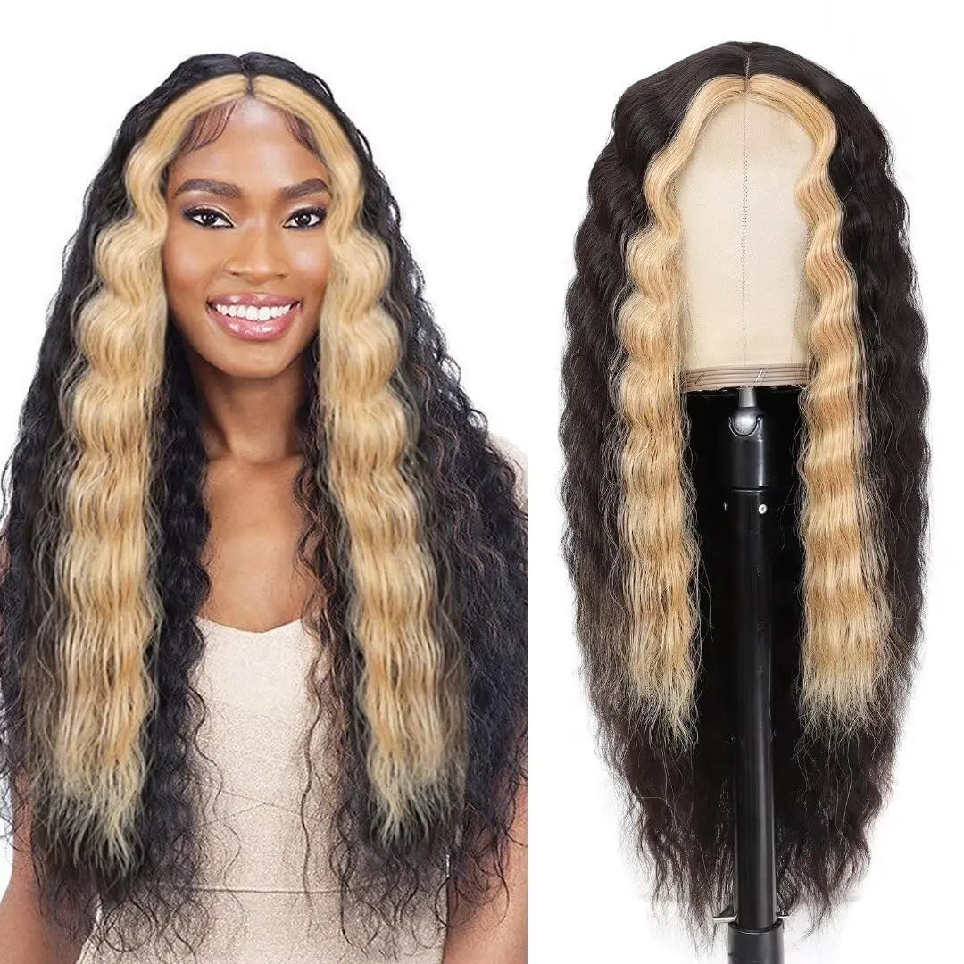 Deep Wave Perücke 28 Zoll synthetische lockige Perücke für Frauen mit lila Highlights natürliche Crimps Locken Stinktier Streifen Spitze Front Perücke