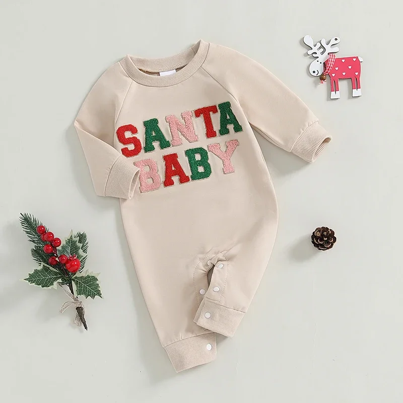 Christmas Newborn Baby Boys Girls Rompers Long Sleeve Round Neck Letter Embroidery Patchwork Sweatshirts Jumpsuits Overalls