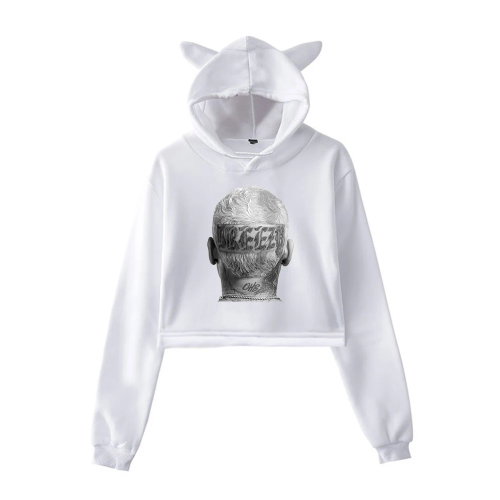 Chris Brown Breezy Merch Pullover Cat Ear Hoodie Long Sleeve Crop Top Women's Clothes