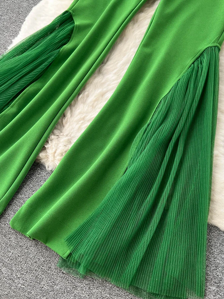 Mesh Spliced Y2k Pants for Women Spring 2023 High Waisted Split Solid Wide Leg Flare Pants Fashion Chic Casual Pants