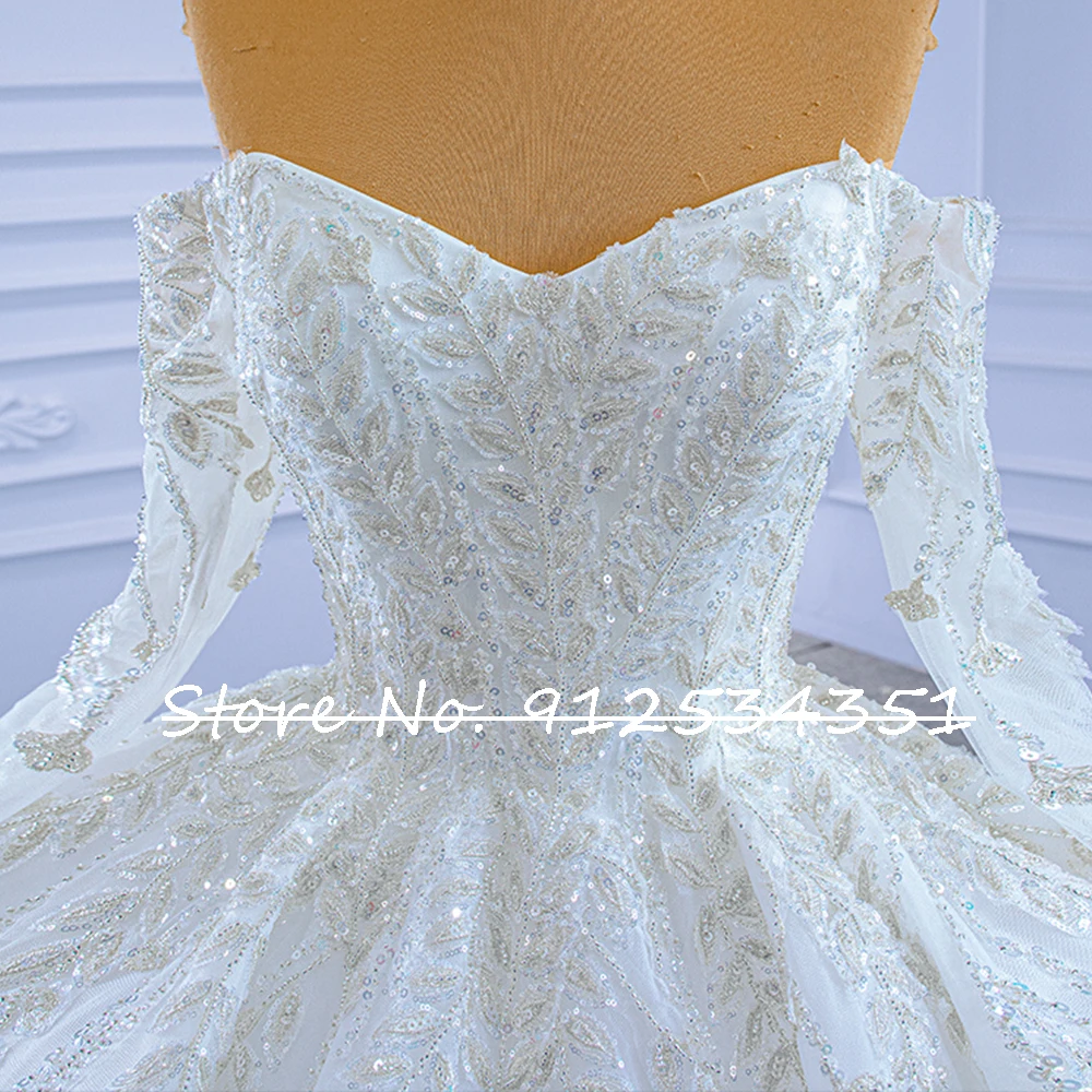 Robe Mariage แขนยาว Tulle ชุดราตรีงานแต่งชุดปิดไหล่ Shining Vestidos De Novia Sequined ประดับด้วยลูกปัด Trouwjurk