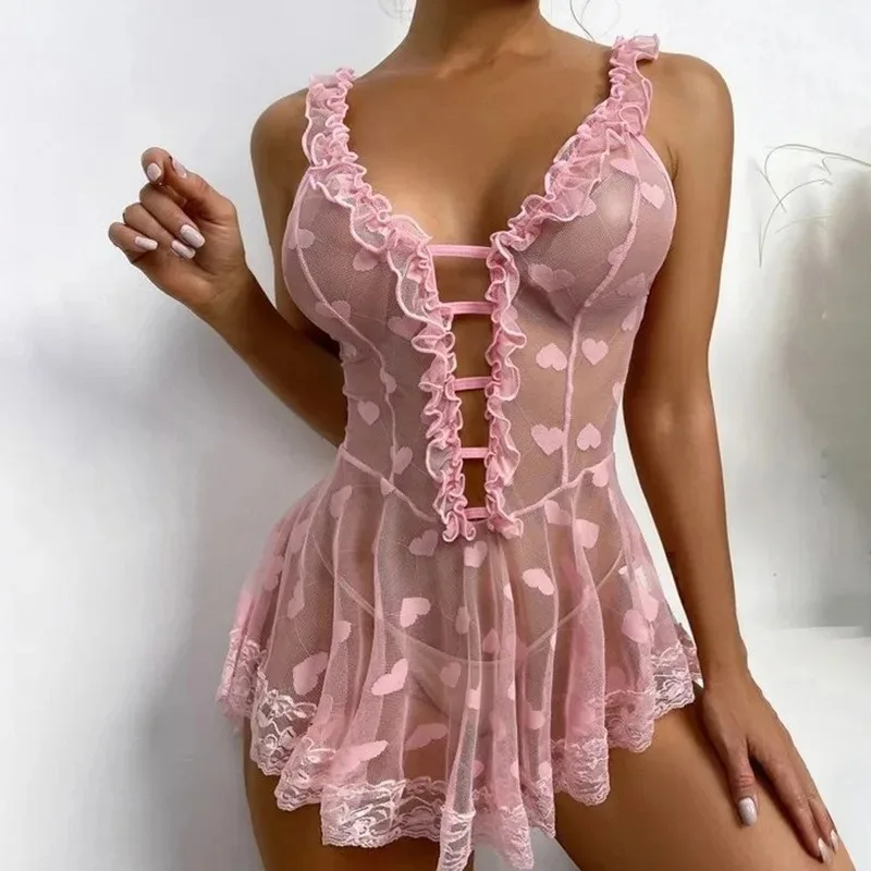 Plus Size Mesh Sling Nightdress Lace Emotional Lingerie Sexy Nightwear Female Temptation Nighties for Women Sleeping Dress S-5XL