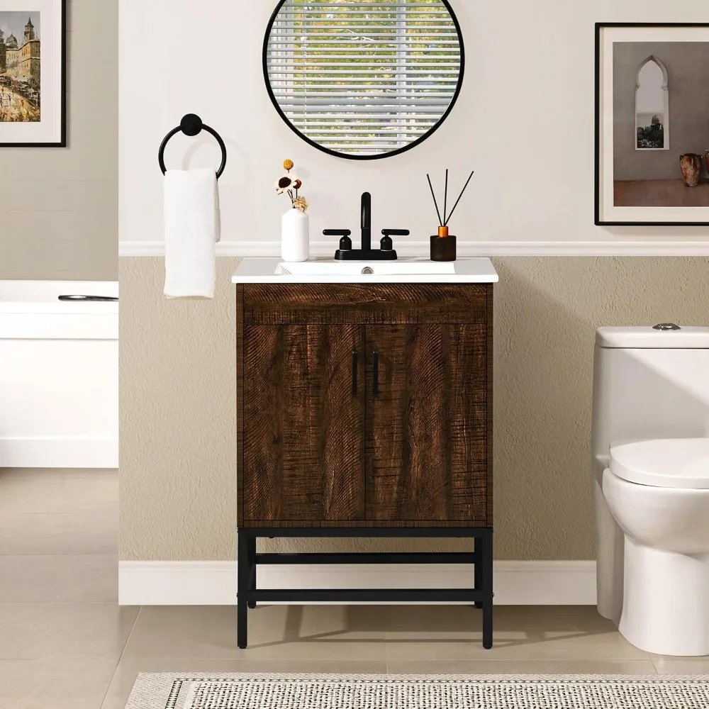 Bathroom Vanity with Sink, Vintage Bathroom Sink Cabinet with 2 Doors, Sink Combo Set for Bathroom, Dark Brown