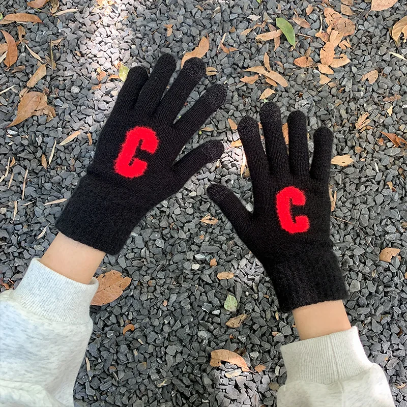 New Candy Color C Letter Glove Girl Stylish Cute Knitted Glove Winter Women Students Full Finger Touch Screen Warm Mittens T190