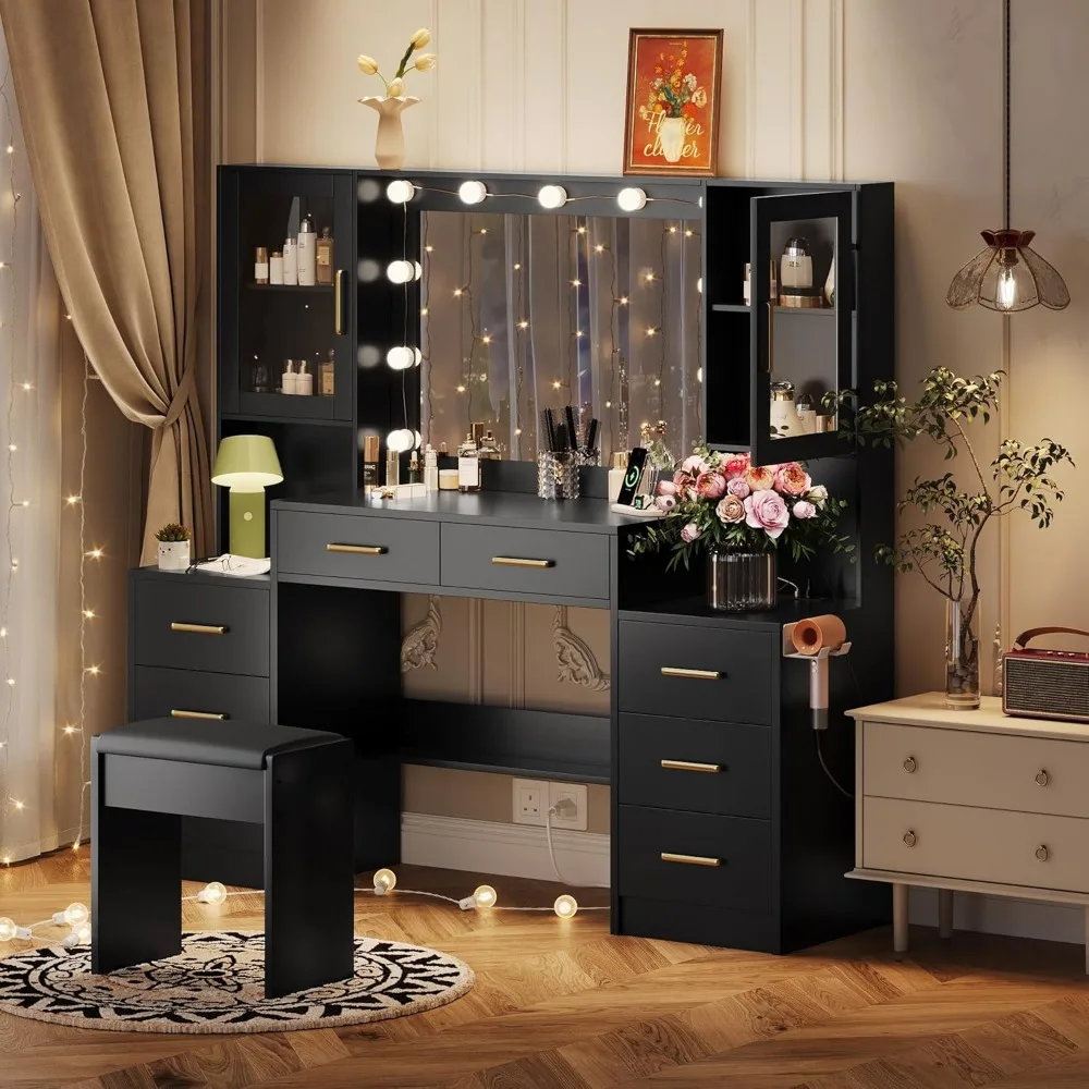 Makeup Vanity Desk with Mirror, 58.3" Makeup Vanity with Lights & Charging Station, Dressing Table Vanities with Cushioned Stool image 6