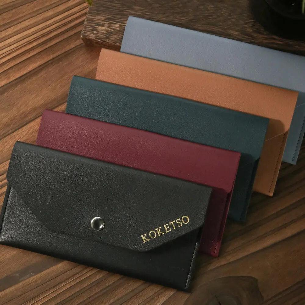 Personalized Engraved Leather Card Case Custom Name Minimalist Envelope Pouch for Business & Travel Wallet with Snap Button