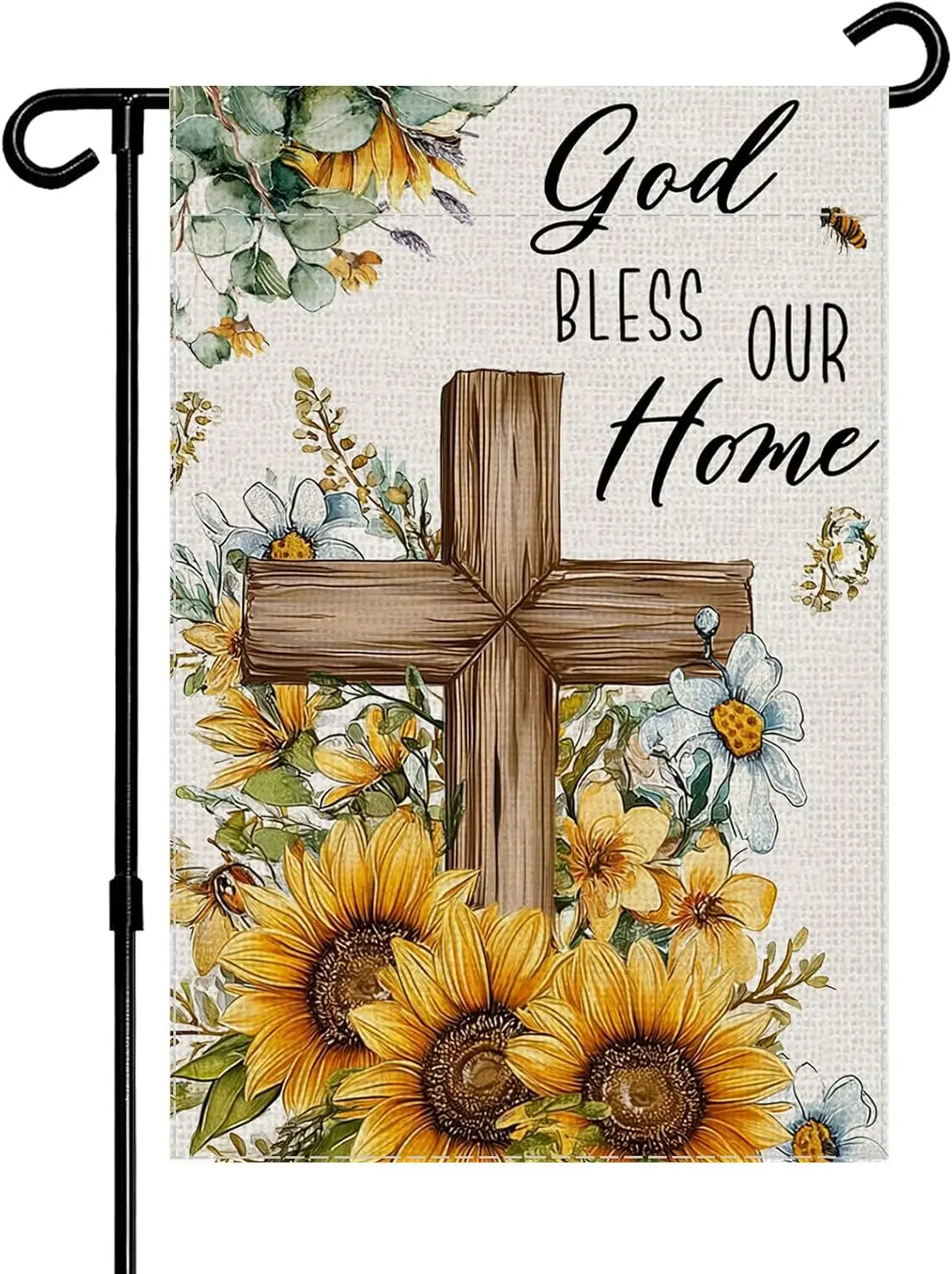 God Bless Our Home Garden Flag 12x18 Inch, Sunflower Cross Bee Religious Yard Flag, Double Sided Spring Summer Farmhouse Chr MMZ