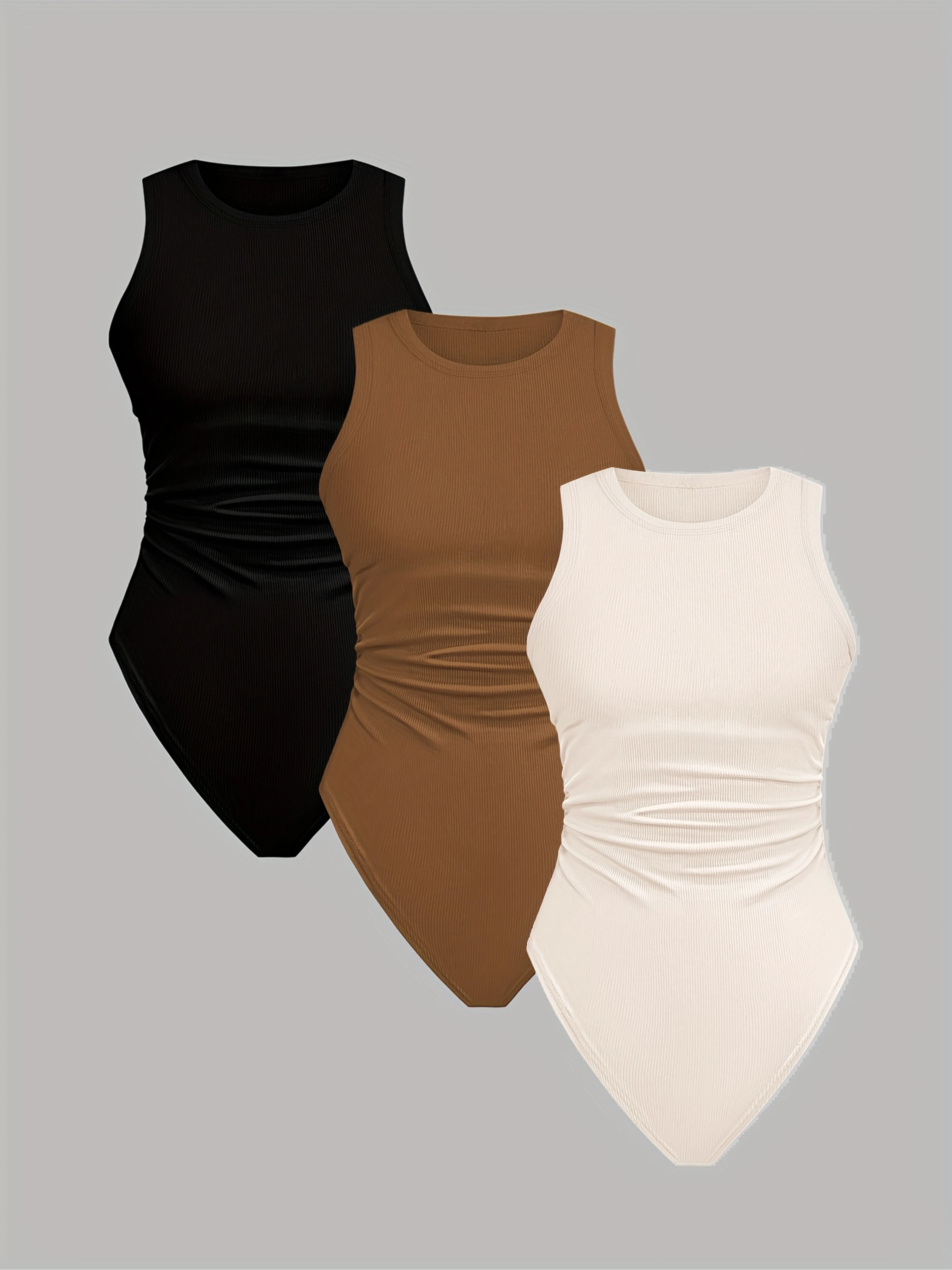 

A fashionable new solid color basic style, versatile women's pleated round-neck sleeveless tight-fitting three-piece set