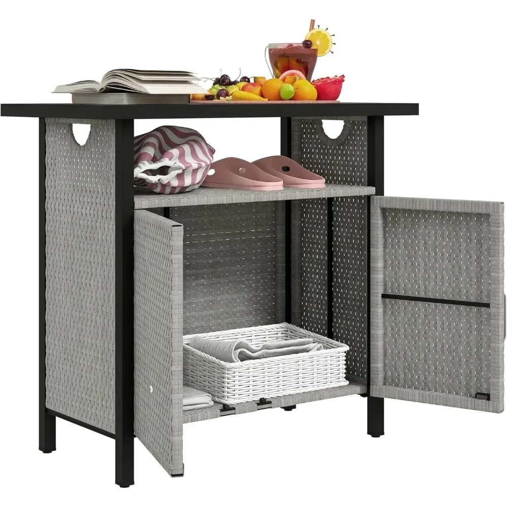 

Outdoor Pool Towel Storage Cabinet Organizer, Outdoor Bar Table with Shelf and Cabinet, Pool Towel Holder Pool Valet wi