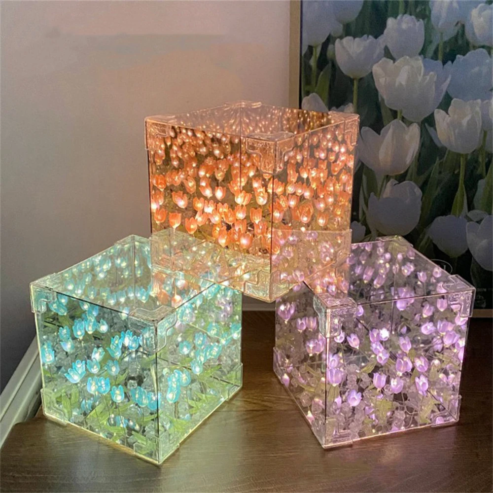 Creative Diy Tulip Flower Sea Cube Three-Dimensional Small Night Lamp Material Package for Girlfriend Couple Girlfriends