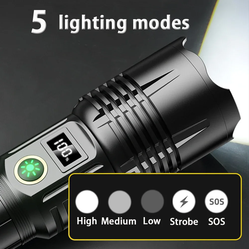 High Power Strong Light Long Range LEP Flashlight USB Charging 26650 Lithium Battery Outdoor Telescopic Zoom Super Bright Torch