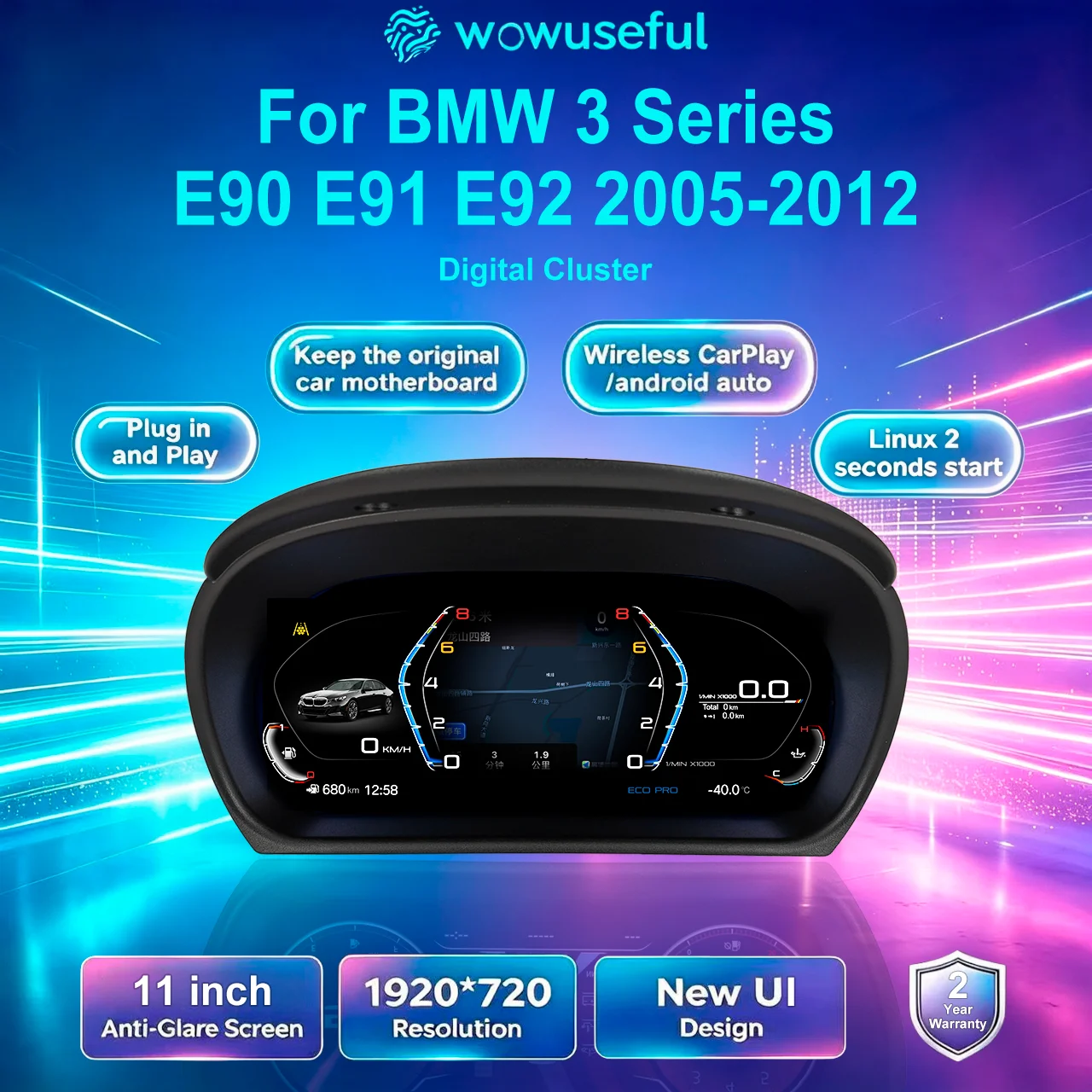 WOWUSEFUL Virtual Cockpit Dashboard Cluster For Bmw 3 Series E90 E91 E92 2005-2012 Years Digital Speedometer Instrument Paneel