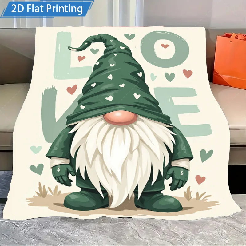 1pc Flannel Blanket Cute Garden Gnome Love Print Blanket Soft Cozy Throw for Home Decor and Valentine's Day