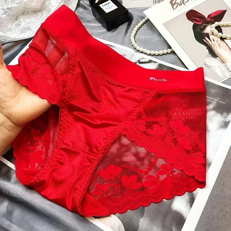 High-end satin light luxury lace large size high waist belly panties women\'s hip lift breathable mesh pure cotton crotch briefs