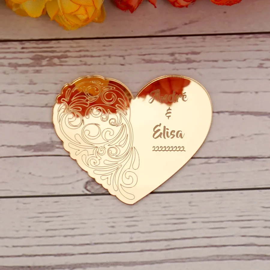 20 Pieces/Lots Personalized Acrylic Mirror Heart Engrave Design Custom Couple Name Wedding Favors Tags Cards 6*7cm