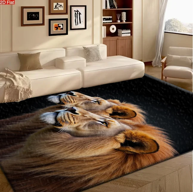 Double Lion Head Animal Portrait Carpet Flooring, Wild Lion Non-Slip Area Rug for Living Room Bedroom Home Wall Decor Floor Mat