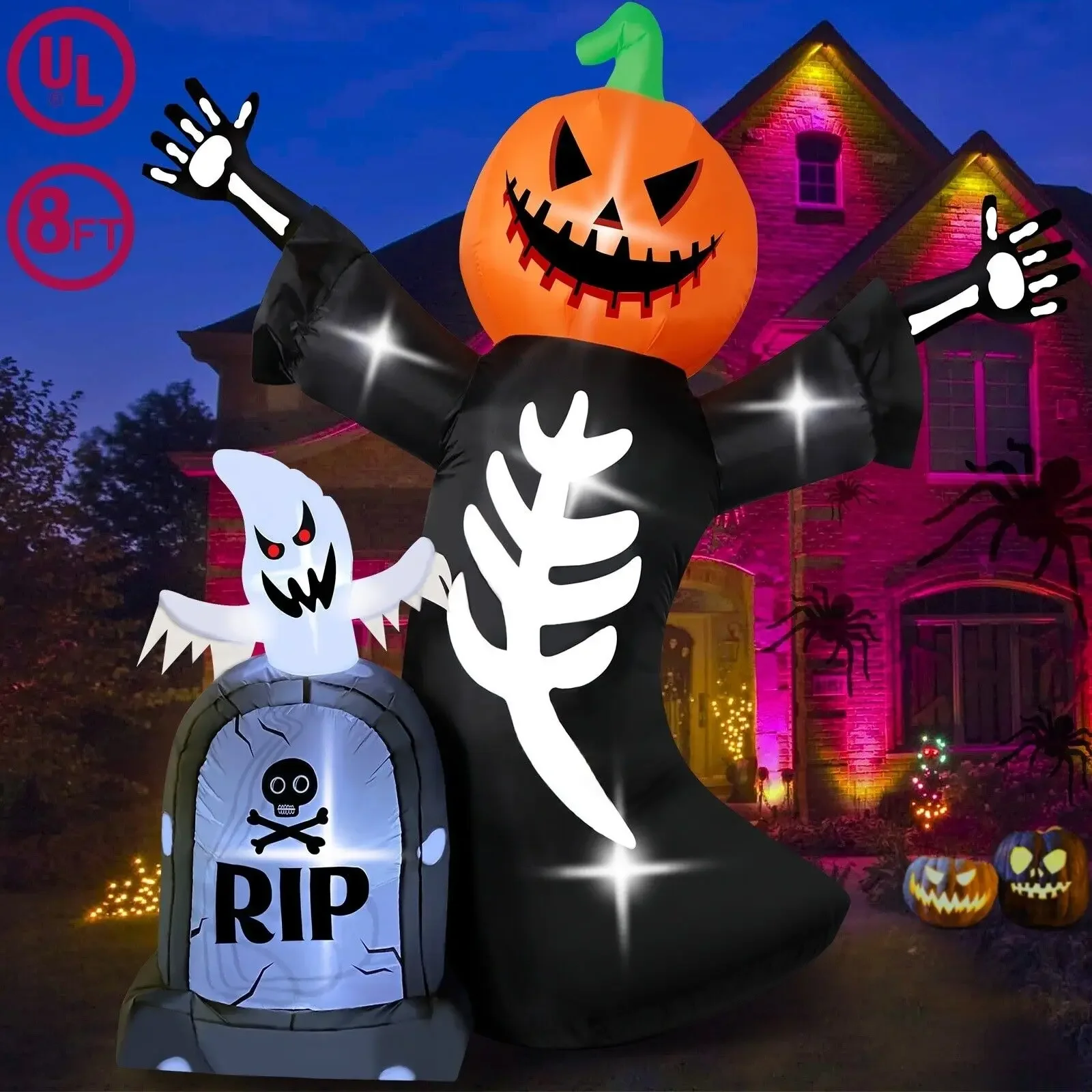 8Ft Halloween Inflatable Giant Skeleton with Pumpkin Ghost Tombstone Blow Up Yard Decorations with LED Lights for Garden Toys