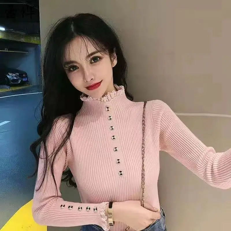 Pulover wanita kerah tinggi, atasan Sweater lengan panjang wanita, Sweater hangat berkancing, renda dasar rajut, kerah setengah tinggi, Trendi, musim gugur, musim dingin