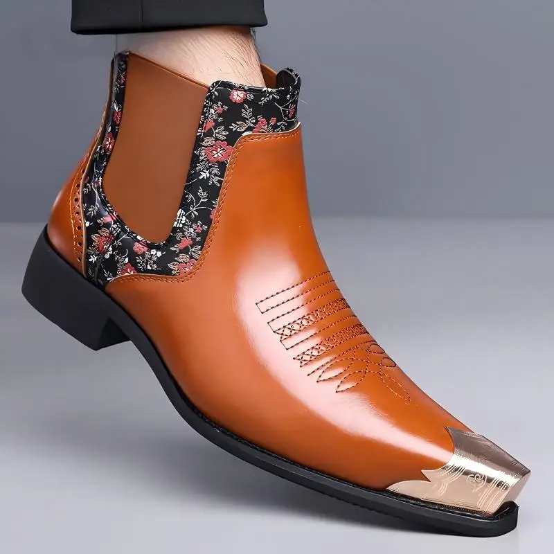 

Men Chelsea Boots PU Patchwork Embroidered Pointed Fashion Classic Men Ankle Boots