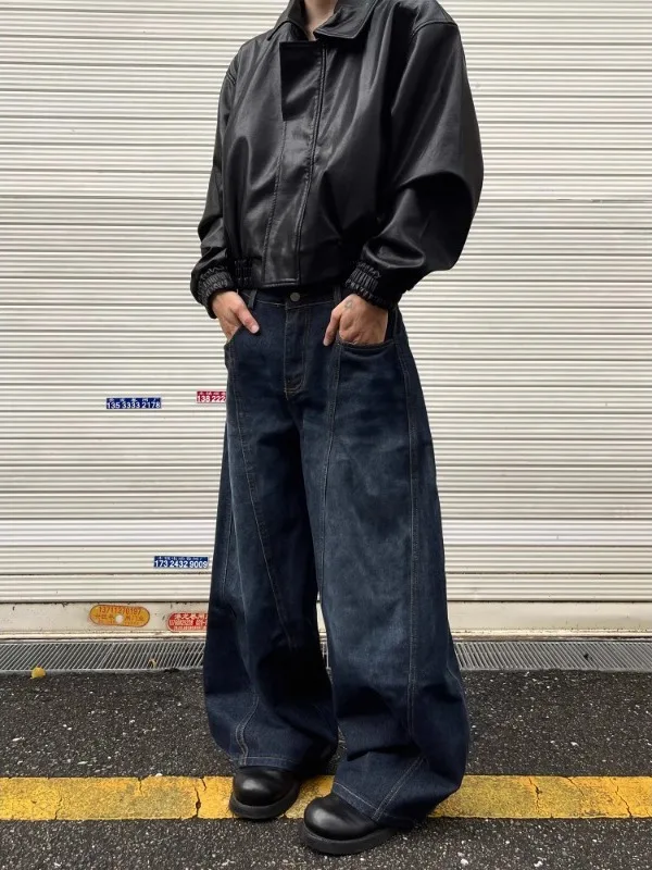 Calças Jeans Americanas Retrô Vintage Azul Escuro com Corte Curvo para Homens e Mulheres, Primavera Outono, Lavadas, Casuais,...