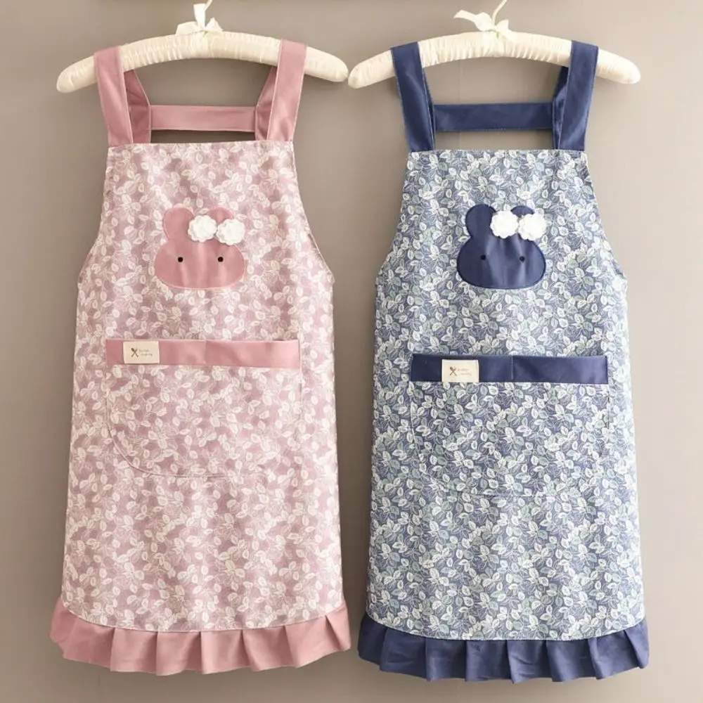 

Rabbit Print Kitchen Cooking Apron Floral Style with Large Pocket Household Work Apron Breathable Stain-proof Restaurant Uniform