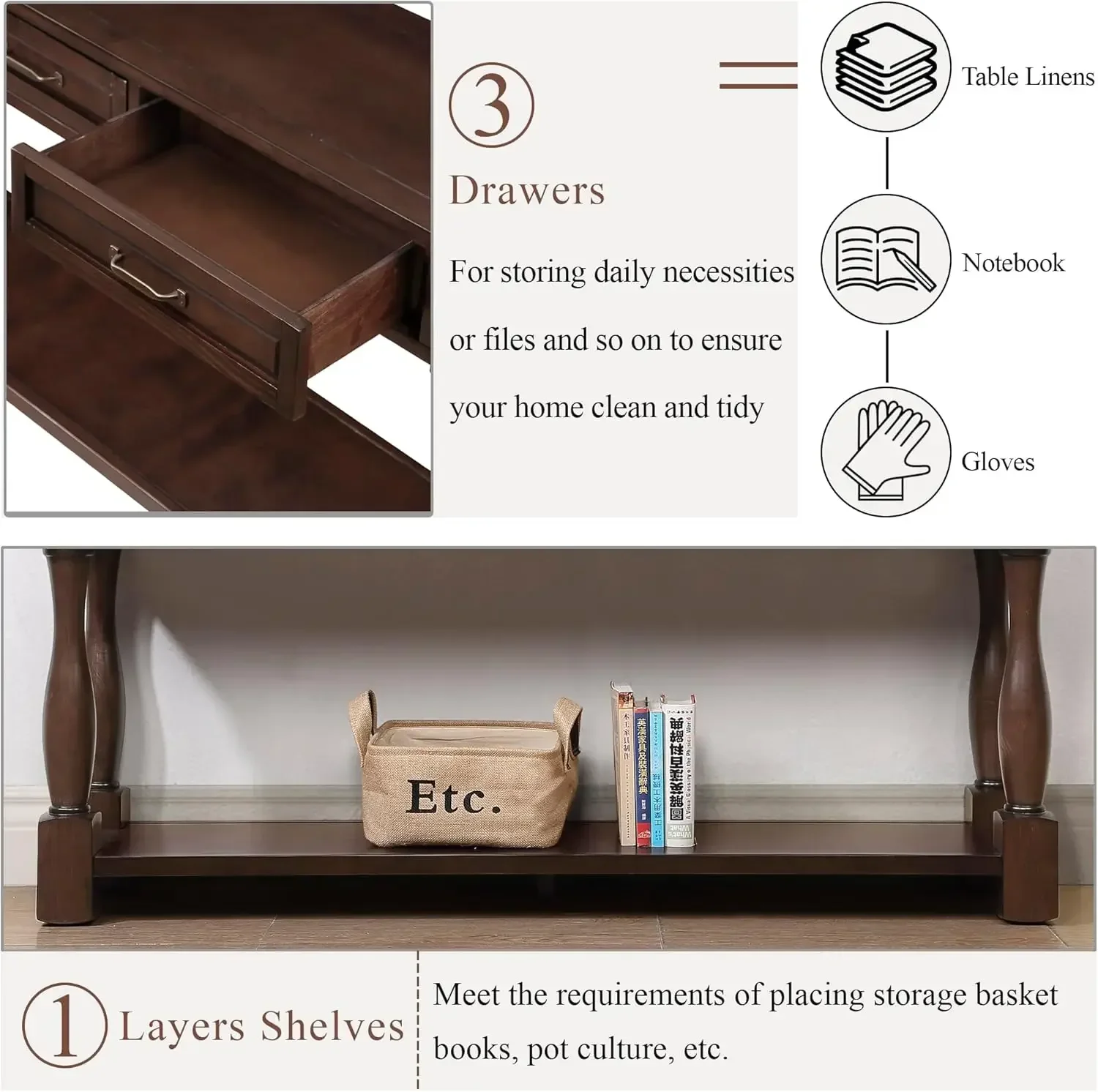 신상품 입고, 할인된 가격! ]63인치 목재 롱 콘솔 테이블(서랍 3개 및 하단 선반 1개 포함), 엔트용 매우 두꺼운 소파 테이블