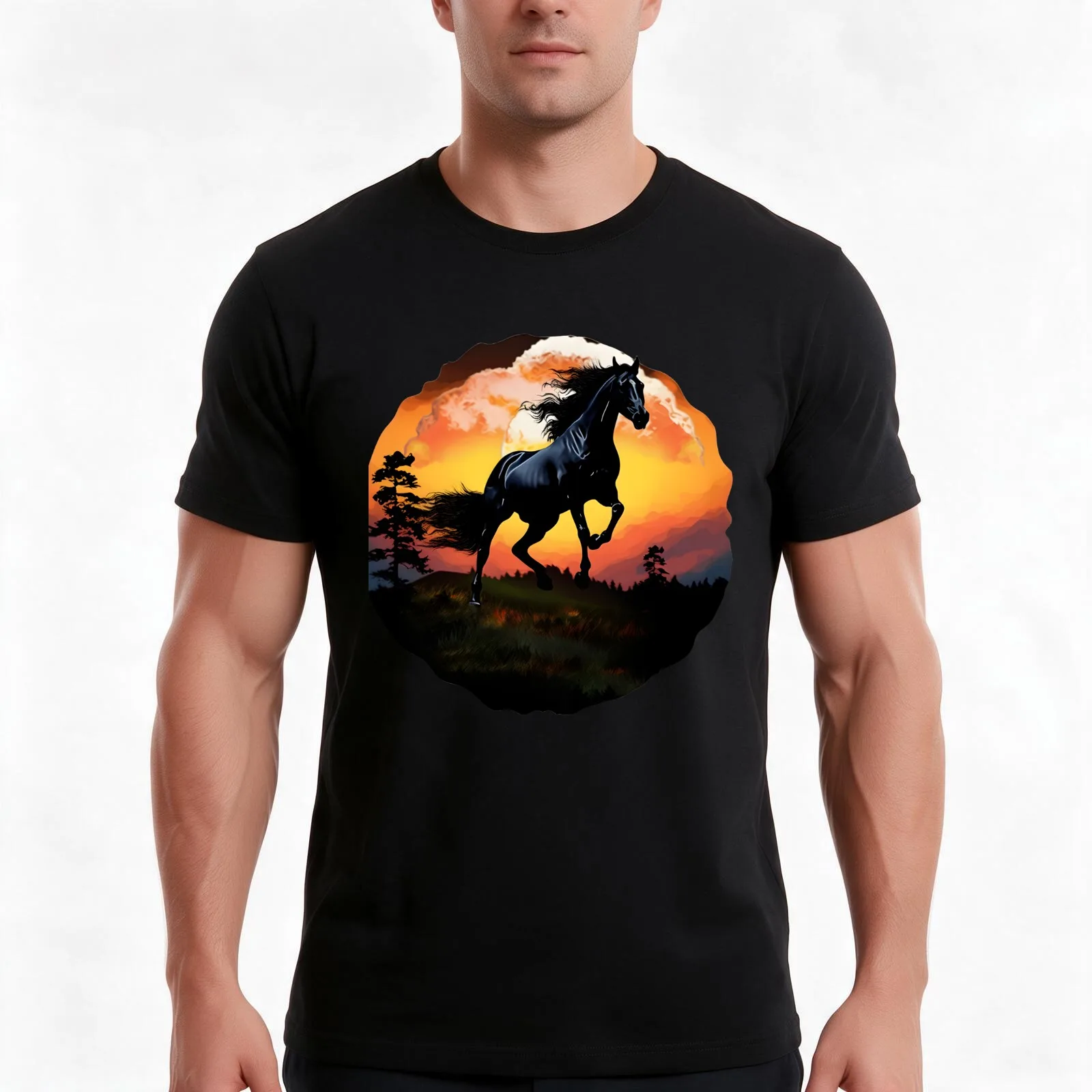 Stunningly Beautiful Black Friesian Horse on a Hilltop Graphic Design T-Shirt Summer Casual Cotton Tee Vintage Graphic Print