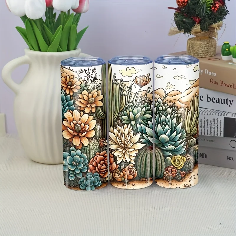 1pc 20oz Straight Tumbler, Stainless Steel Insulated Cup, Green Vitality: Cactus and Succulent Pattern, Stylish Portable Travel Mug, Leak-Proof, Vacuum-Sealed, Compatible with Car Cup Holders, Suitable for Hot and Cold Drinks, Cup + Lid + Straw Set