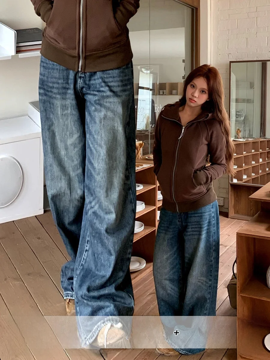 

American Retro Claw Wide Leg Jeans Women Loose Straight Leg Floor-Length Pants Spring Season High Waist Zipper Closure