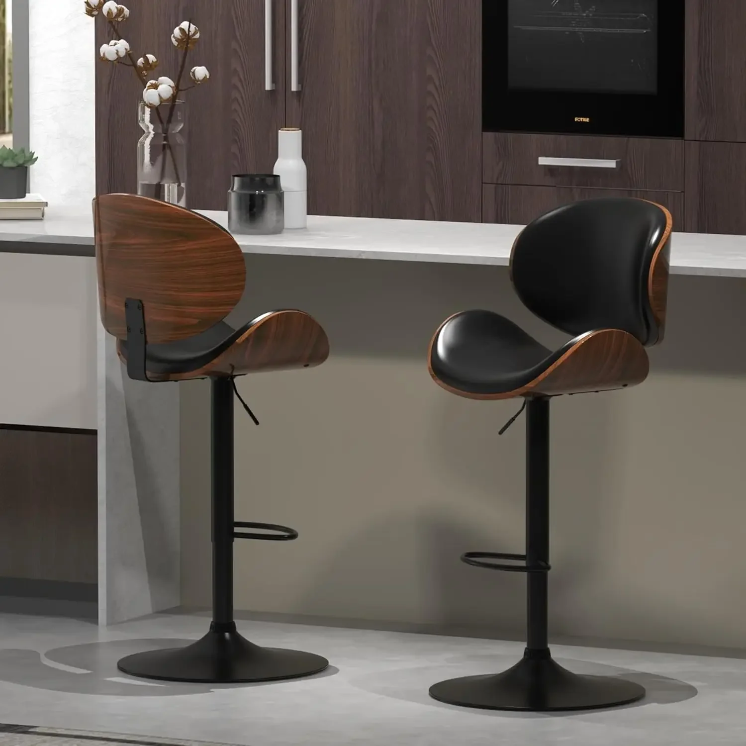 Bar Stools Set of 2 for Kitchen Counter, Adjustable Bar Height Chairs, Modern Swivel Barstools with Bentwood Seat