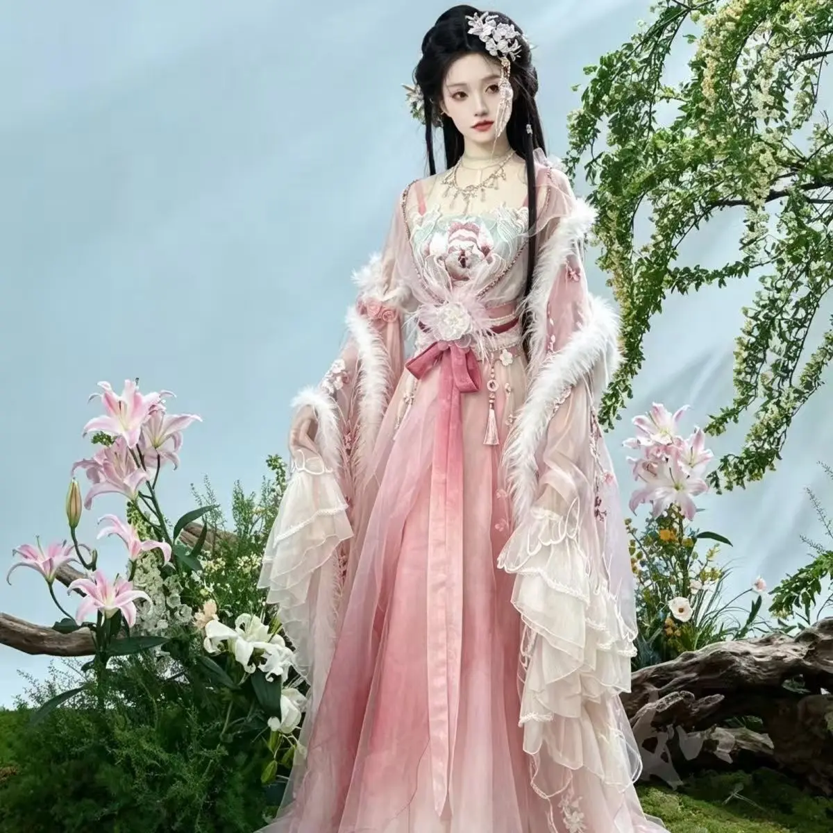 Pink Gradient Warring States Robe Chinese Ancient Fairy Dress with Fluffy Trim Wide Sleeve Elegant Traditional Hanfu Costume