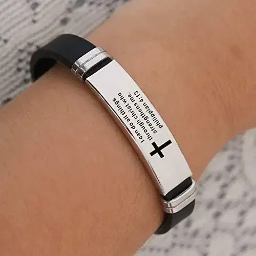 Inspirational Cross Bracelets Bible Verse Silicone ID Wristband for Men Women Boy Girl Stainless Steel Rubber Adjustable