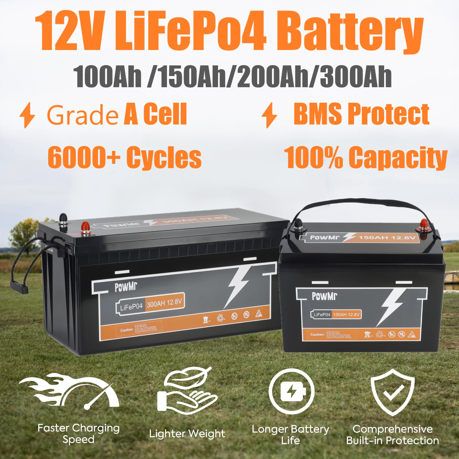 PoweMr 300Ah 200Ah 150Ah 100Ah Battery Pack Charge 12.8V LiFePo4 Batteries Built-in BMS 6000+ Cycle Grade A Cell 4S Power Supply