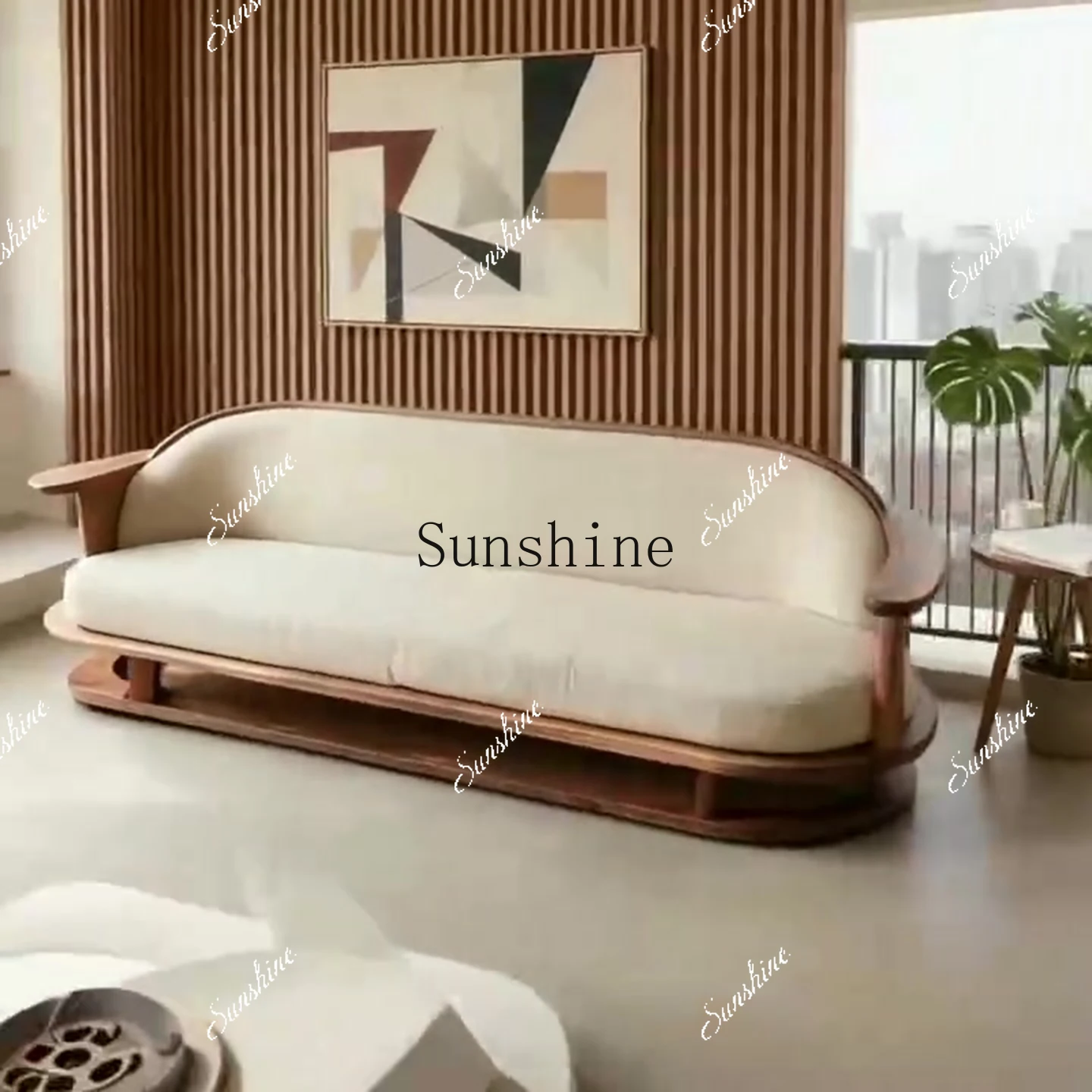 

New Chinese-style semi-circular arc, small apartment living room Zen, solid wood sofaH