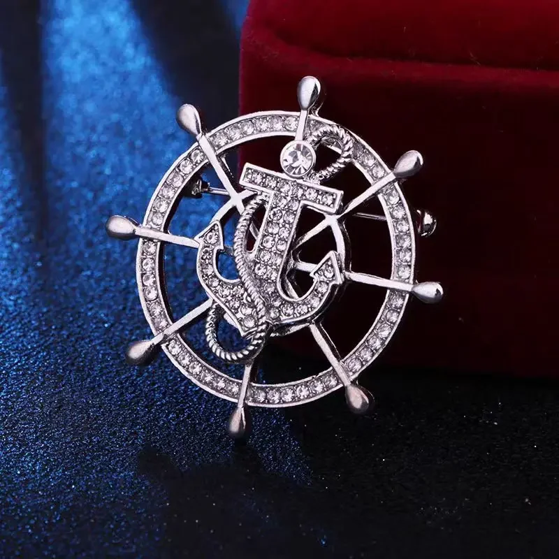 Exquisite Crystal Rudder Sailor Brooch Men\'s Trendy Business Suit Dress Pin Fashion Shirt Collar Badge