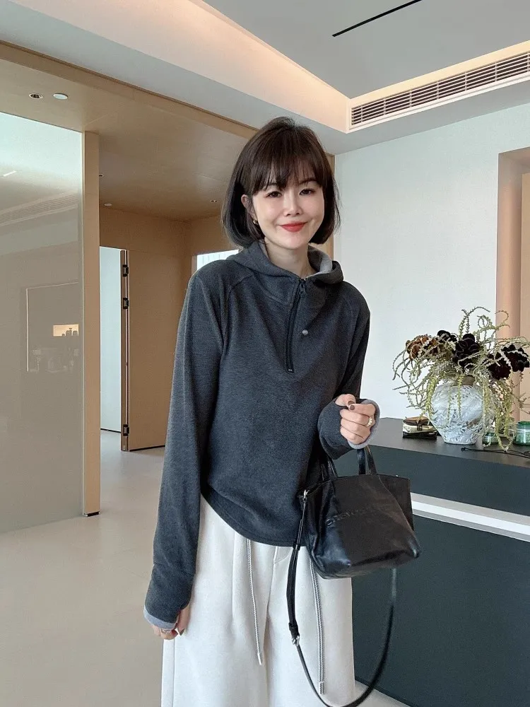 Sudadera gruesa de doble cara con capucha para mujer, jersey con media cremallera, Top de manga larga, chaqueta holgada, ropa de abrigo cálida informal para invierno